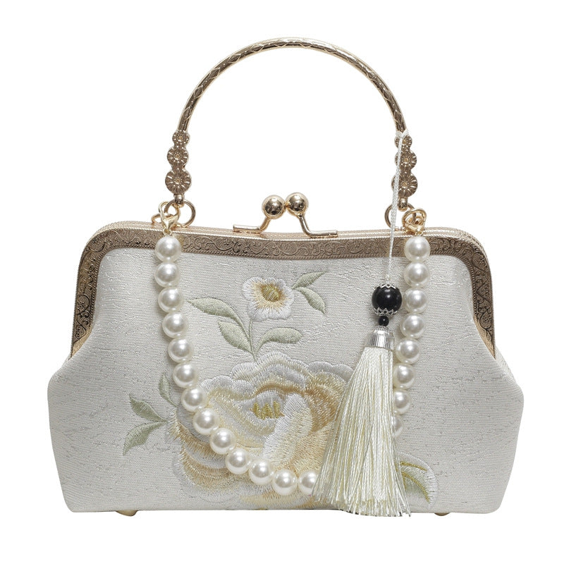 Embroidered Women’s Crossbody & Shoulder Bag – Stylish Canvas Shell-Shaped Handbag with Beads, Tassels & Chain Details