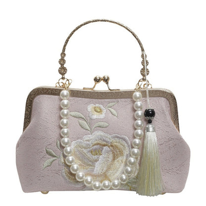 Embroidered Women’s Crossbody & Shoulder Bag – Stylish Canvas Shell-Shaped Handbag with Beads, Tassels & Chain Details