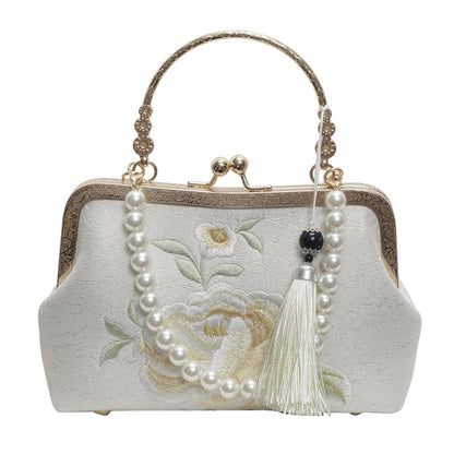 Embroidered Women’s Crossbody & Shoulder Bag – Stylish Canvas Shell-Shaped Handbag with Beads, Tassels & Chain Details