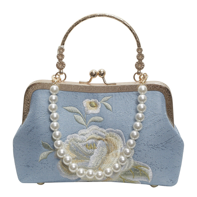 Embroidered Women’s Crossbody & Shoulder Bag – Stylish Canvas Shell-Shaped Handbag with Beads, Tassels & Chain Details
