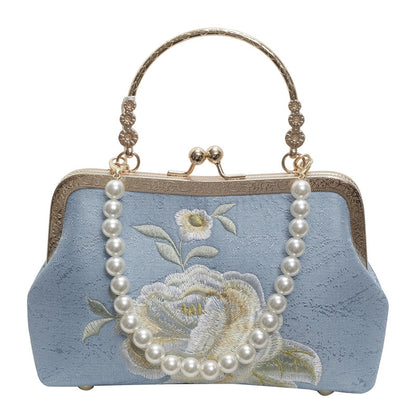 Embroidered Women’s Crossbody & Shoulder Bag – Stylish Canvas Shell-Shaped Handbag with Beads, Tassels & Chain Details