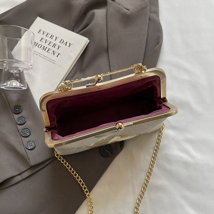 Embroidered Women’s Crossbody & Shoulder Bag – Stylish Canvas Shell-Shaped Handbag with Beads, Tassels & Chain Details