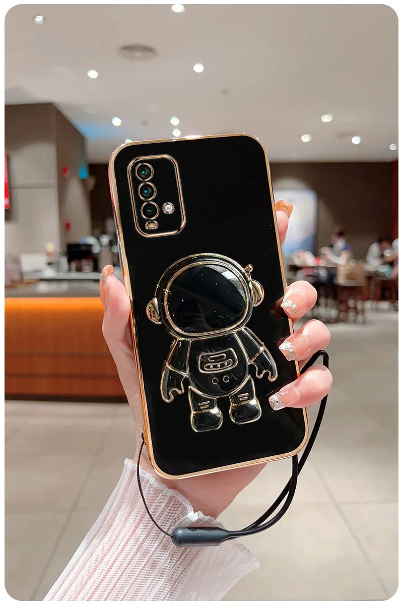 Astronaut Fold Stand For Xiaomi Redmi 9T Phone Case With Lanyard Luxury Plating Cover