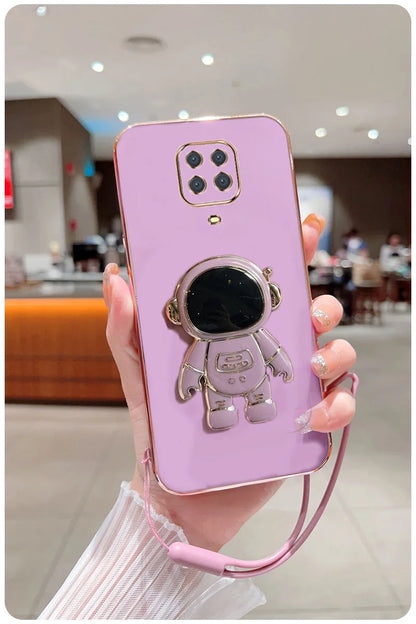 Astronaut Fold Stand For Xiaomi Redmi Note 9S 9 Pro Max Phone Case With Lanyard Luxury Plating Cover