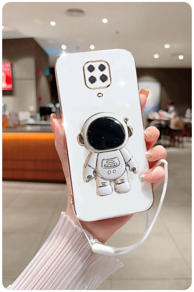 Astronaut Fold Stand For Xiaomi Redmi Note 9S 9 Pro Max Phone Case With Lanyard Luxury Plating Cover