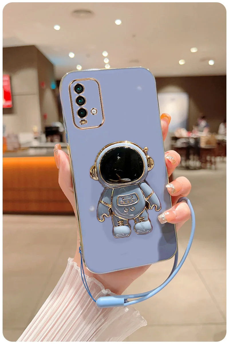 Astronaut Fold Stand For Xiaomi Redmi 9T Phone Case With Lanyard Luxury Plating Cover