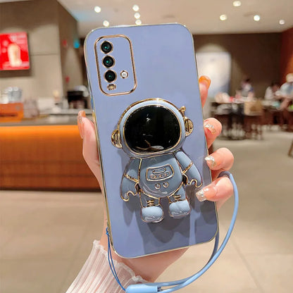 Astronaut Fold Stand For Xiaomi Redmi 9T Phone Case With Lanyard Luxury Plating Cover