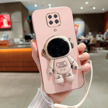 Astronaut Fold Stand For Xiaomi Redmi Note 9S 9 Pro Max Phone Case With Lanyard Luxury Plating Cover