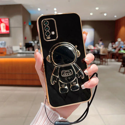 Astronaut Fold Stand For Xiaomi Redmi 9T Phone Case With Lanyard Luxury Plating Cover