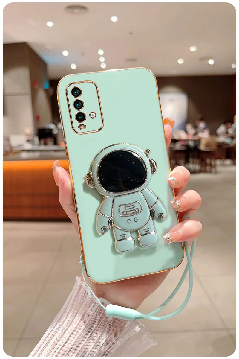 Astronaut Fold Stand For Xiaomi Redmi 9T Phone Case With Lanyard Luxury Plating Cover