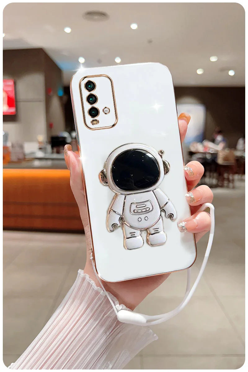 Astronaut Fold Stand For Xiaomi Redmi 9T Phone Case With Lanyard Luxury Plating Cover