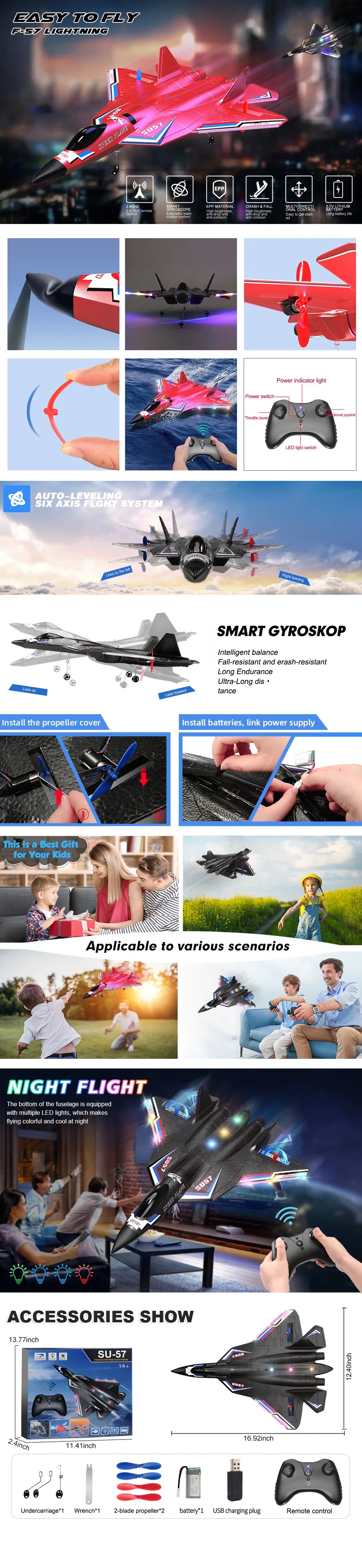 SU57 RC Plane 2.4G Remote Control Aircraft with Light Fixed Wing Hand Throwing Foam Remote Control Airplane Children Toys  Gifts