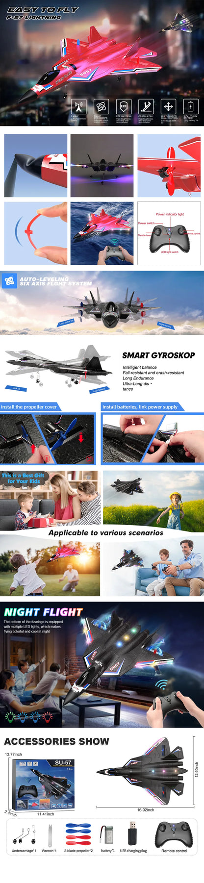 SU57 RC Plane 2.4G Remote Control Aircraft with Light Fixed Wing Hand Throwing Foam Remote Control Airplane Children Toys  Gifts