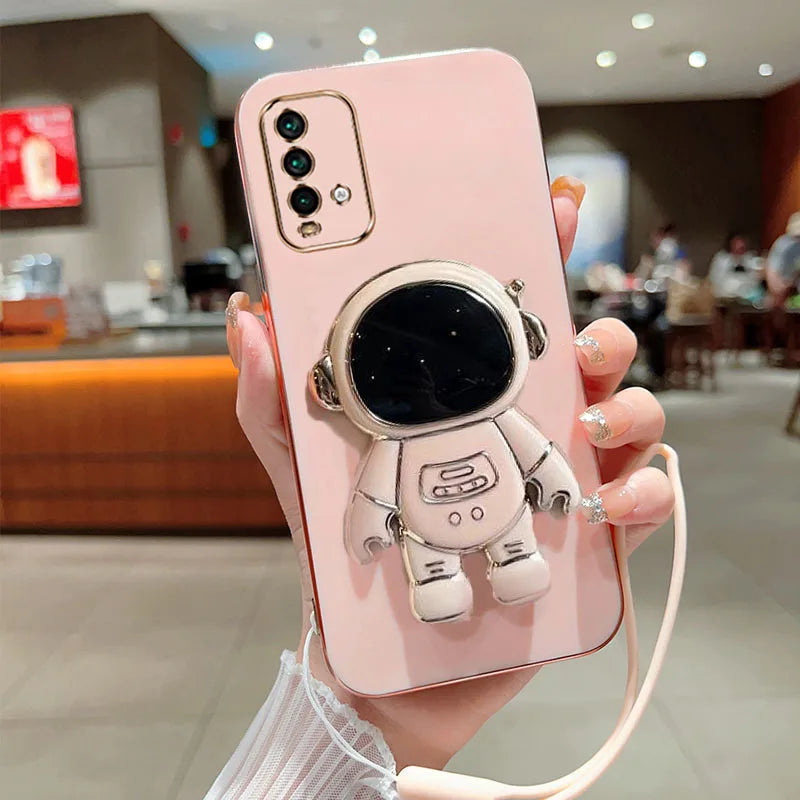 Astronaut Fold Stand For Xiaomi Redmi 9T Phone Case With Lanyard Luxury Plating Cover