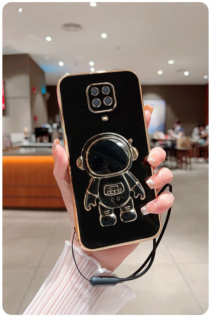 Astronaut Fold Stand For Xiaomi Redmi Note 9S 9 Pro Max Phone Case With Lanyard Luxury Plating Cover
