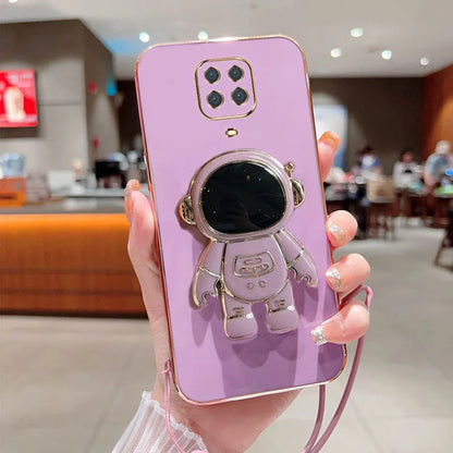 Astronaut Fold Stand For Xiaomi Redmi Note 9S 9 Pro Max Phone Case With Lanyard Luxury Plating Cover