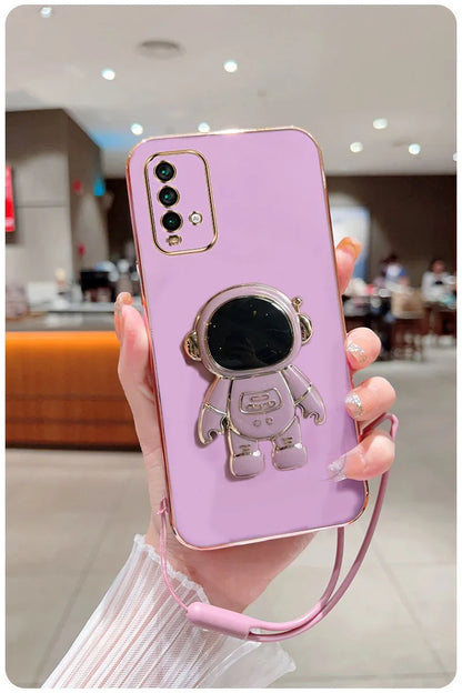 Astronaut Fold Stand For Xiaomi Redmi 9T Phone Case With Lanyard Luxury Plating Cover