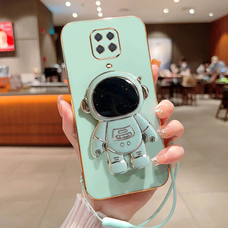 Astronaut Fold Stand For Xiaomi Redmi Note 9S 9 Pro Max Phone Case With Lanyard Luxury Plating Cover