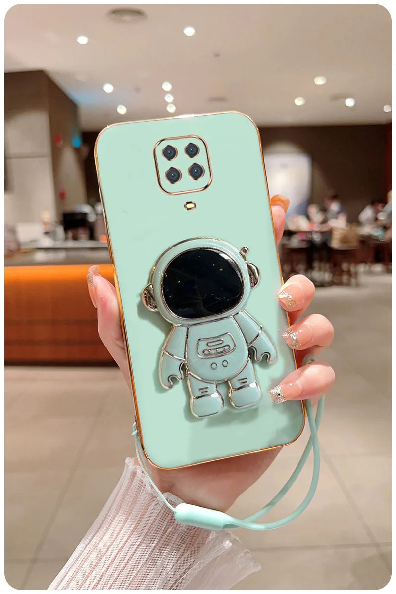 Astronaut Fold Stand For Xiaomi Redmi Note 9S 9 Pro Max Phone Case With Lanyard Luxury Plating Cover