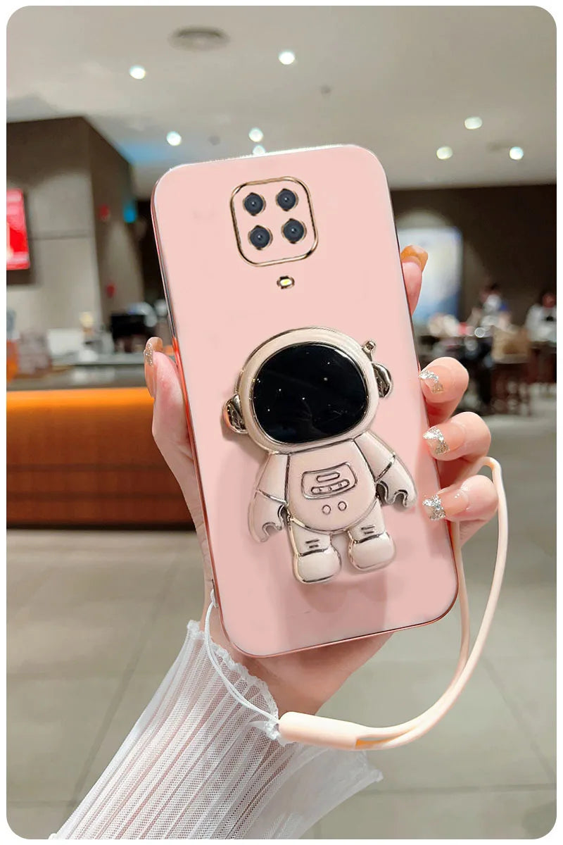 Astronaut Fold Stand For Xiaomi Redmi Note 9S 9 Pro Max Phone Case With Lanyard Luxury Plating Cover
