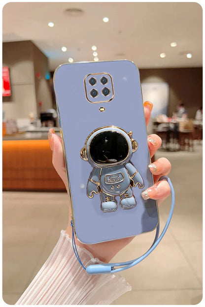 Astronaut Fold Stand For Xiaomi Redmi Note 9S 9 Pro Max Phone Case With Lanyard Luxury Plating Cover