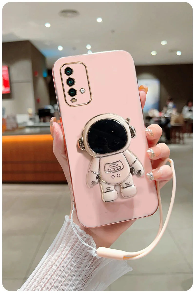 Astronaut Fold Stand For Xiaomi Redmi 9T Phone Case With Lanyard Luxury Plating Cover