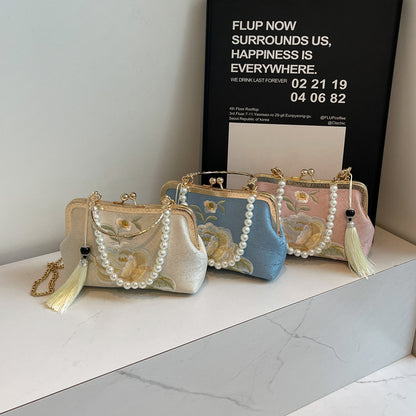 Embroidered Women’s Crossbody & Shoulder Bag – Stylish Canvas Shell-Shaped Handbag with Beads, Tassels & Chain Details