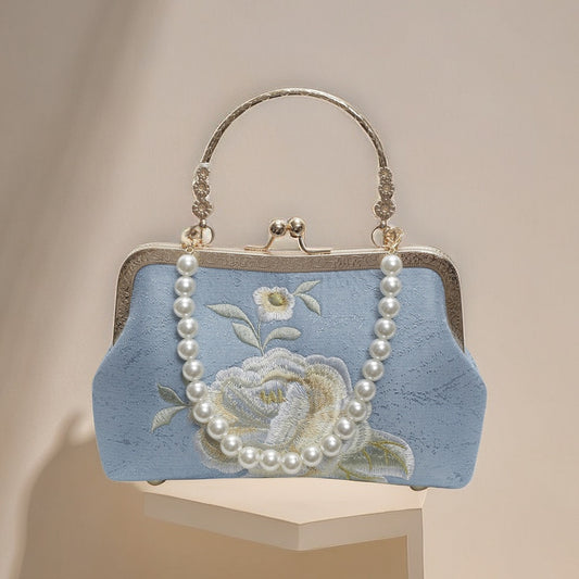 Embroidered Women’s Crossbody & Shoulder Bag – Stylish Canvas Shell-Shaped Handbag with Beads, Tassels & Chain Details